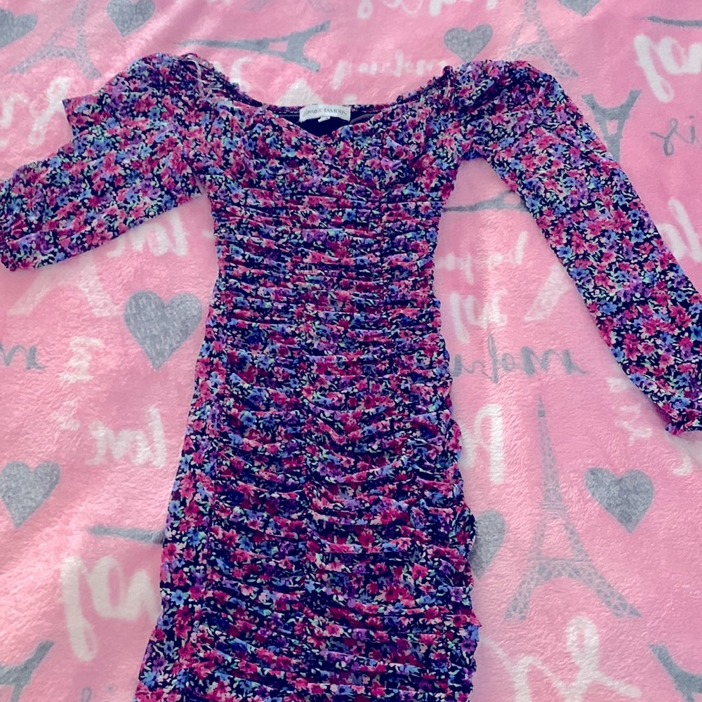 Small fuchsia, purple and blue flowers dress..